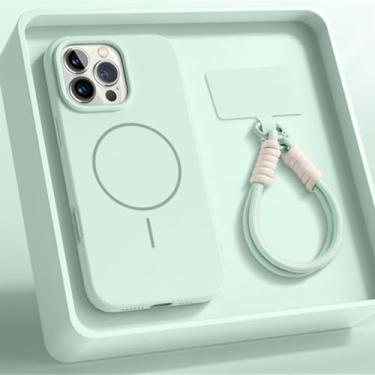 Imagem de IRTGFG Capa magnética de luxo com alça de silicone líquido e capa macia para iPhone 16E (para iPhone 16E/ciano)