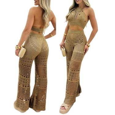 Imagem de Conjunto de roupas Chicme, blusa feminina de crochê, curta e calça - C