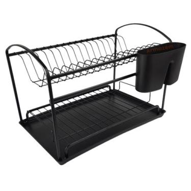 Imagem de Escorredor De Louças Talheres Com Bandeja 2 Andares Preto Fosco - 1520