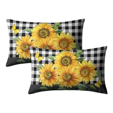 Imagem de Kwlegh Capas de almofada primavera verão girassol lombar pacote de 12 x 20 fronhas retangulares preto búfalo xadrez algodão mistura capa de almofada para sala de estar sofá sofá
