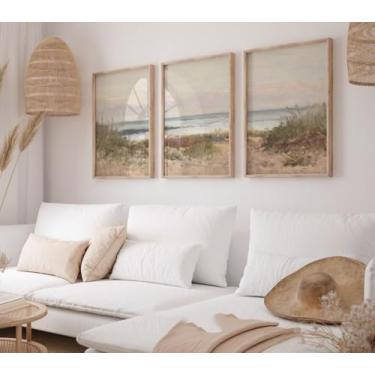 Imagem de Impressão em tela de paisagem de praia, pôsteres, pintura de parede de paisagem, 3 peças, arte, casa, quarto, praia, casa, decoração, emoldurado, pronto para pendurar, com moldura interna