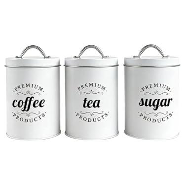 Imagem de Bothyi Conjunto de 3 potes organizadores de cozinha herméticos para armazenamento de café, chá e açúcar, feitos de folha de flandres. Ideais para guardar, Branco