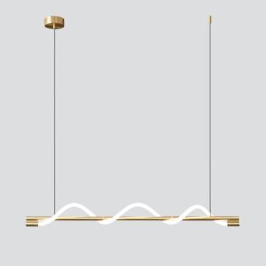 Imagem de Luminárias de LED modernas para sala de jantar, luminárias pendentes lineares de teto, lustre dourado para ilha de cozinha, luminária pendente linear minimalista com regulagem de intensidade