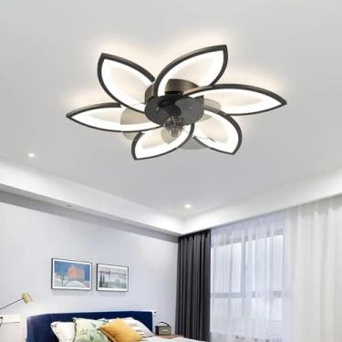 Imagem de Ventilador de teto LED com iluminação moderna, design em formato de flor com intensidade regulável, silencioso e com controle remoto para sala de estar e sala de jantar (Preto, Ø 78cm)