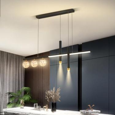 Imagem de Lustre de mesa moderno com LED, 90 cm de comprimento, dimerizável, com controle remoto. Ideal para sala de jantar e sala de estar (preto).