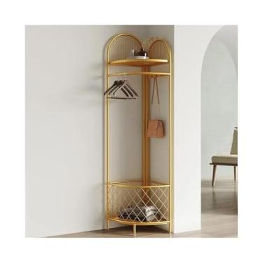 Imagem de Cabide de canto de corredor com cesta de armazenamento e ganchos cabideiro de metal para entrada, corredor, quarto, suporte de chapéu de escritório (dourado)