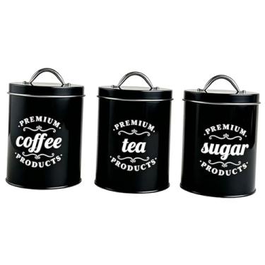 Imagem de ＫＬＫＣＭＳ Conjunto de 3 recipientes de metal para café, chá e açúcar com tampas, organizador de utensílios, farinha e outros alimentos. Ideal para guardar, Preto