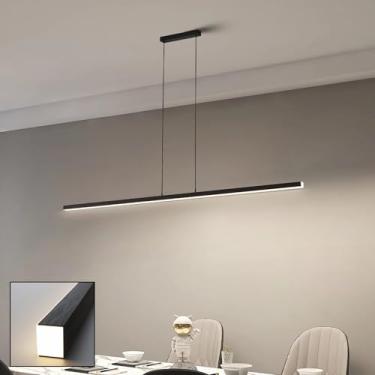 Imagem de Luminária pendente LED moderna e regulável, linear, com controle remoto, para cozinha, sala de jantar, bar e escritório. Altura ajustável (preto, 90 cm).