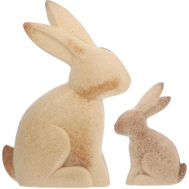 Imagem de Awleynz Estátuas decorativas de coelho da Páscoa de madeira rústica inacabada, esculturas de coelho natural para decoração de escritório em casa, conjunto de 2 peças
