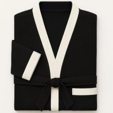 Imagem de Roupão de Banho Unissex Adulto – Tecido Atoalhado Confortável, Ideal para Casa, Relaxamento e Após Banho (Preto c branco)