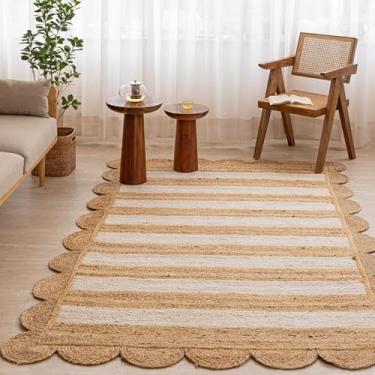 Imagem de HOMEMONDE Tapete de juta recortado – Boho listrado trançado trançado à mão borda borda tapete para sala de estar, cozinha, sala de jantar (branco esbranquiçado, 1,8 x 2,5 m)