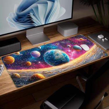Imagem de Tapete de mesa de couro planeta, mouse pad de arte colorida grande teclado de computador para jogos, capa e protetor de mesa à prova d'água, tapete de mouse decorativo de couro PU para laptop