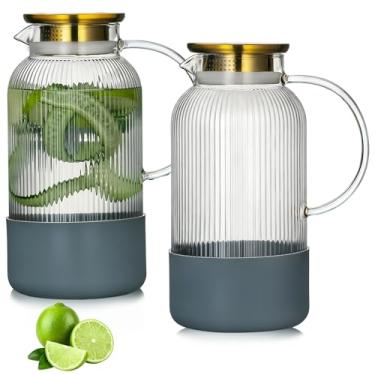 Imagem de Buaic Pacote com 2 jarra de vidro com tampa, jarra de água clássica de listras verticais de 2 litros com base de silicone, garrafa de água de vidro para bebida fria, café, limonada, chá gelado