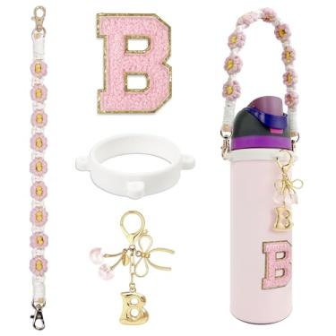 Imagem de BydGxy Amuleto de laço de fita de cereja para Owala FreeSip & Tumbler, acessórios de alça de garrafa de água iniciais personalizados, presente estilo preppy (rosa) - B