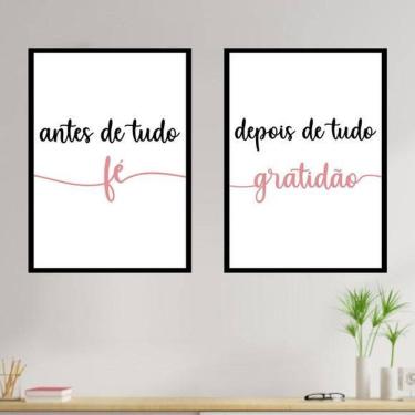 Imagem de Kit 2 Quadros Fé E Gratidão Rosa 33X24Cm - Moldura Preta