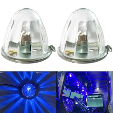 Imagem de 2 peças de lente de vidro transparente LED azul marcador lateral seta luzes de melancia, luzes de sinalização de seta com moldura de aço inoxidável compatível com Kenworth Peterbilt Freightliner Car