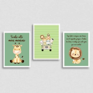 Imagem de Kit 3 Quadros Safari Infantil 33x24cm - Vidro Branca