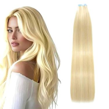 Imagem de SIYUSI Extensões de cabelo humano com fita adesiva, loiro platinado, 45 cm, 50 g, 20 peças, trama de pele invisível, extensões de cabelo humano Remy Tape, liso sedoso com pontas grossas