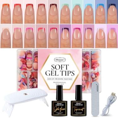Imagem de Misssix XBASICTIPS Unhas de ponta francesa, 600 peças de pontas curtas quadradas de gel francês, kit inicial de unhas postiças de 20 cores com lâmpada em U, camada superior e cola de gel para arte de