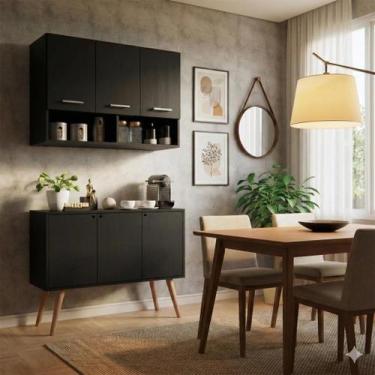 Imagem de Kit Cozinha Armário Aereo 3 Portas e Balcão para Microondas com Pés Re