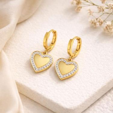 Imagem de Brinco Argolinha Dourada Coração Borda Cravejada Aço Inox - Lys Lazuli