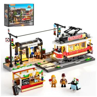 Imagem de Heritage Tram and Station Lumibricks com iluminação LED 1274 peças cena de bonde europeu modular