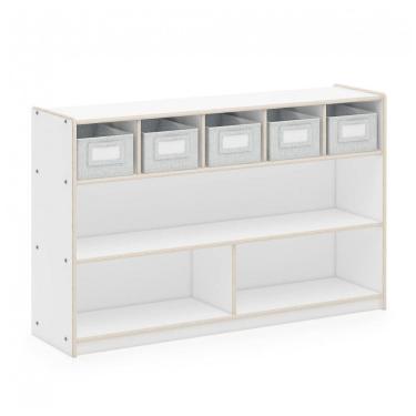 Imagem de Estante baixa Guidecraft EdQ Shelves and 5 Bin Storage Unit 30" Branca com 2 prateleiras e 5 nichos com caixas de tecido 122cm
