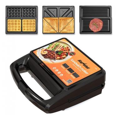 Imagem de Sanduicheira 3 em 1 SUNVIVI Preta 800W Placas Removíveis Tampa Vidro Toque Frio