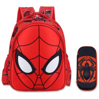 Imagem de Mochila escolar infantil Telifor Homem-Aranha 3D com estojo, nylon impermeável, grande capacidade, 14", azul e vermelho