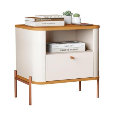 Imagem de Mesa De Cabeceira Para Quarto Com Pém Em Aço 1 Gaveta - Off White Nature Bronze Off Whi...