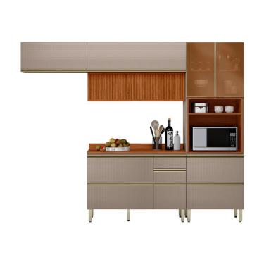 Imagem de Cozinha Compacta com 2 Vidros Reflecta Ripada Proença 6 Portas 6 Gavetas Bege e Nogueira