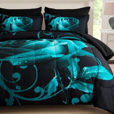 Imagem de Conjunto de edredom WONGS BEDDING verde azul-petróleo reversível Rose 