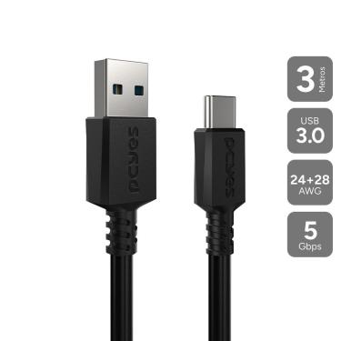 Imagem de Cabo USB a 3.0 PUCAP3-3 Macho para USB Tipo-C com Taxa Até 5GBPS e 3 METROS Preto Pcyes
