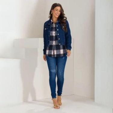 Imagem de Jaqueta Feminina Jeans Tradicional Confort Escura Bolso Frontal Manga Longa Botão Gola...