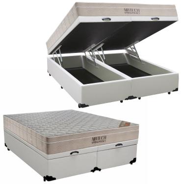 Imagem de Kit Cama Box Baú King Airtech Molas Ensacadas Euro Pillow Courino Branco Ortobom