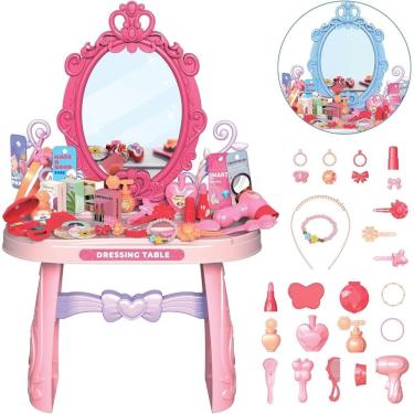 Imagem de Penteadeira Infantil Princesa com Espelho Real e Acessórios de Maquiagem 46 Peças Rosa com Montagem Fácil