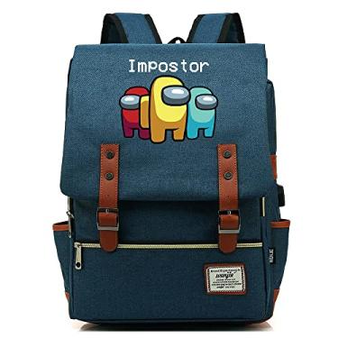 Imagem de Mochila retrô com estampa Among Space Game, mochila escolar retrô unissex (com USB), Azul marinho, Large, Clássico