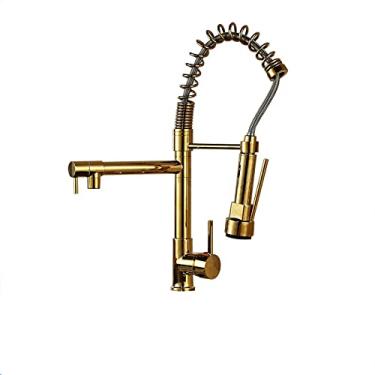 Imagem de Bico duplo torneira de cozinha 360 graus de rotação primavera pull down pulverizador deck montado torneira de pia de cozinha misturador torneiras, ouro a, china