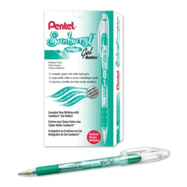 Imagem de Pentel Caneta de gel metálica Sunburst, ponta de 0,8 mm escreve linha de 0,4 mm, tinta verde barril transparente, caixa com 12 (K908-MD)