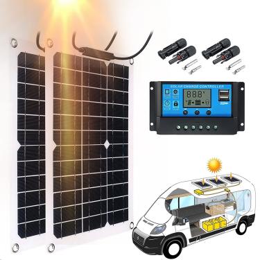 Imagem de Kit de painel solar flexível de 100W, 2 módulos solares monocristalinos portáteis com controlador de carga à prova d'água 40A, carregador de bateria solar de 12V