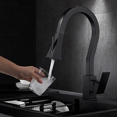 Imagem de Torneiras de pia de cozinha misturador frio quente bico giratório pull out pulverizador torneiras montadas no convés torneira de latão maciço, preto