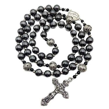 Imagem de Rosário de hematita colar de contas de pedra preta com contas de metal medalha milagrosa e rosário cruz para homens e mulheres NS, Large, Metal, Hematita