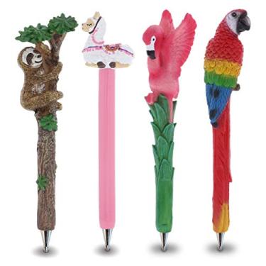 Imagem de Planet Pens Conjunto de canetas novidade com preguiça, lhama, flamingo tropical e papagaio vermelho - canetas esferográficas exclusivas coloridas de animais tropicais para decoração de escola e escritório - pacote com 4