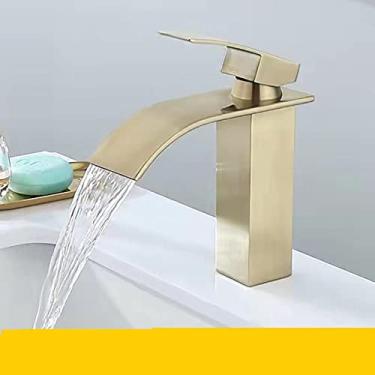 Imagem de Torneira de pia de ouro escovado saída de cachoeira torneira misturadora quente fria torneira de montagem em deck torneira de lavatório para banheiro, ouro escovado