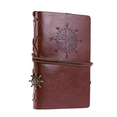 Imagem de 1 caderno de couro NUOBESTY náutico com pingentes clássicos, relevo vintage, espiral, diário de viagem, escrita, bloco de notas - pequeno (marrom claro)