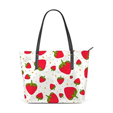 Imagem de Bolsa de ombro feminina sacola de couro para compras grande trabalho sem costura doce morangos bolsa casual