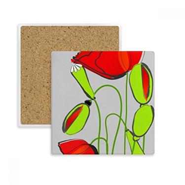 Imagem de Porta-copos com flores vermelhas e botões verdes abstratos de milho quadrado, suporte de subplaca para caneca pedra isolante
