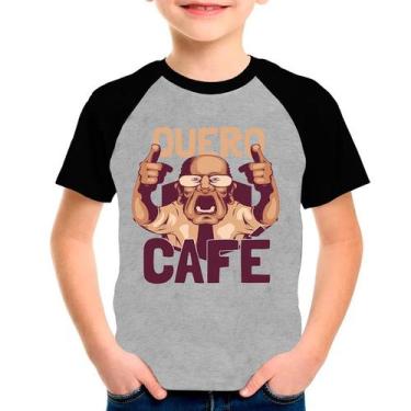 Imagem de Camiseta Raglan Infantil Preto Cinza Quero Café 01 - Design Camisetas
