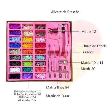 Imagem de Kit Alicate De Pressão 3 Em 1 Rosa Prega Botões Plástico 10mm 12mm E 1