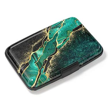 Imagem de Atufsuat Porta-cartão de crédito, mini carteira de alumínio com bloqueio de RFID, capa fina de metal rígido para homens e mulheres, Mármore preto, verde